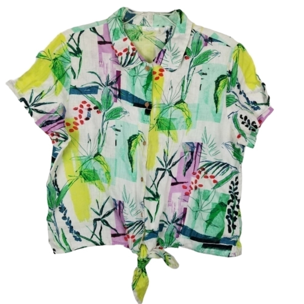 Sigrid Olsen Linen Top Blouse Large Short Sleeve Button Tie Tropical Cropped
